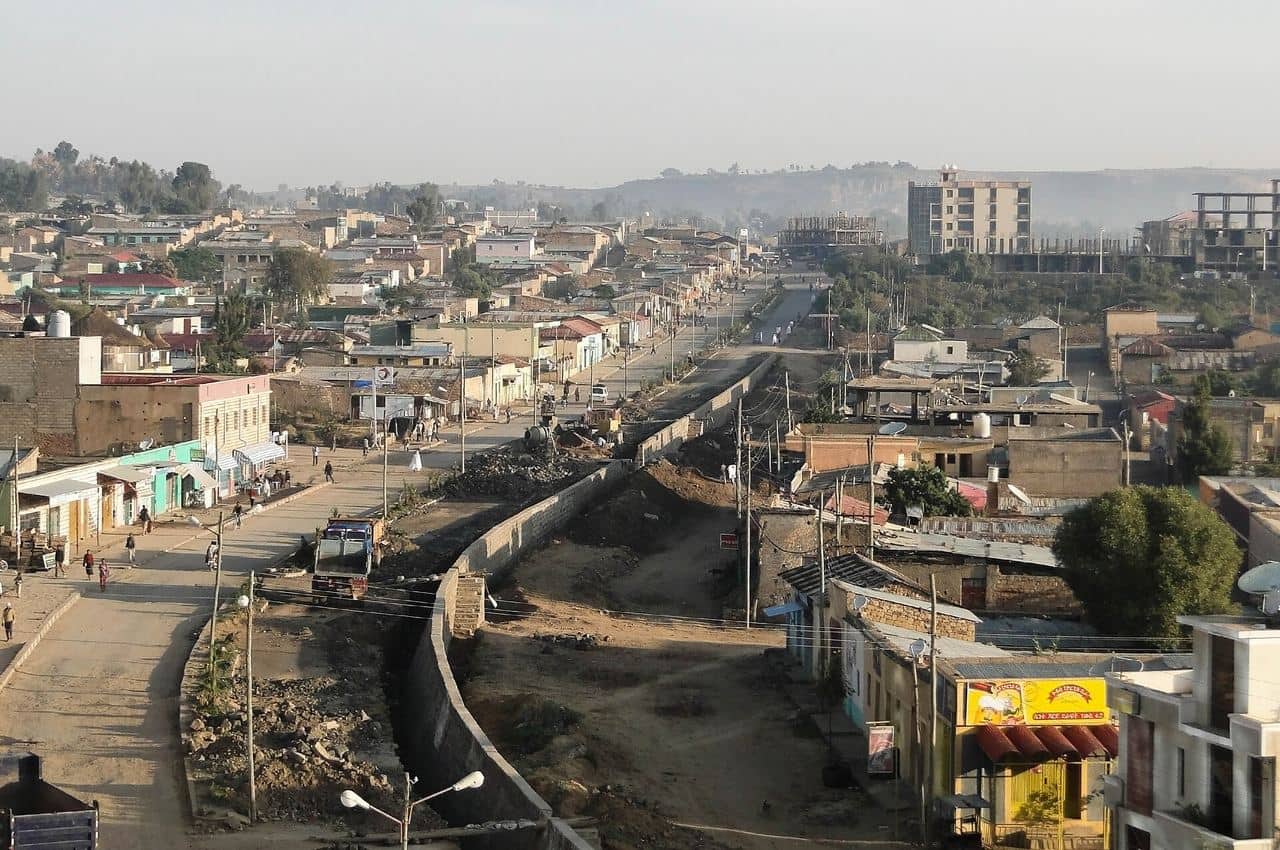 A view over the rooftops and main road of Adigrat, a town in Ethiopia's Tigray region