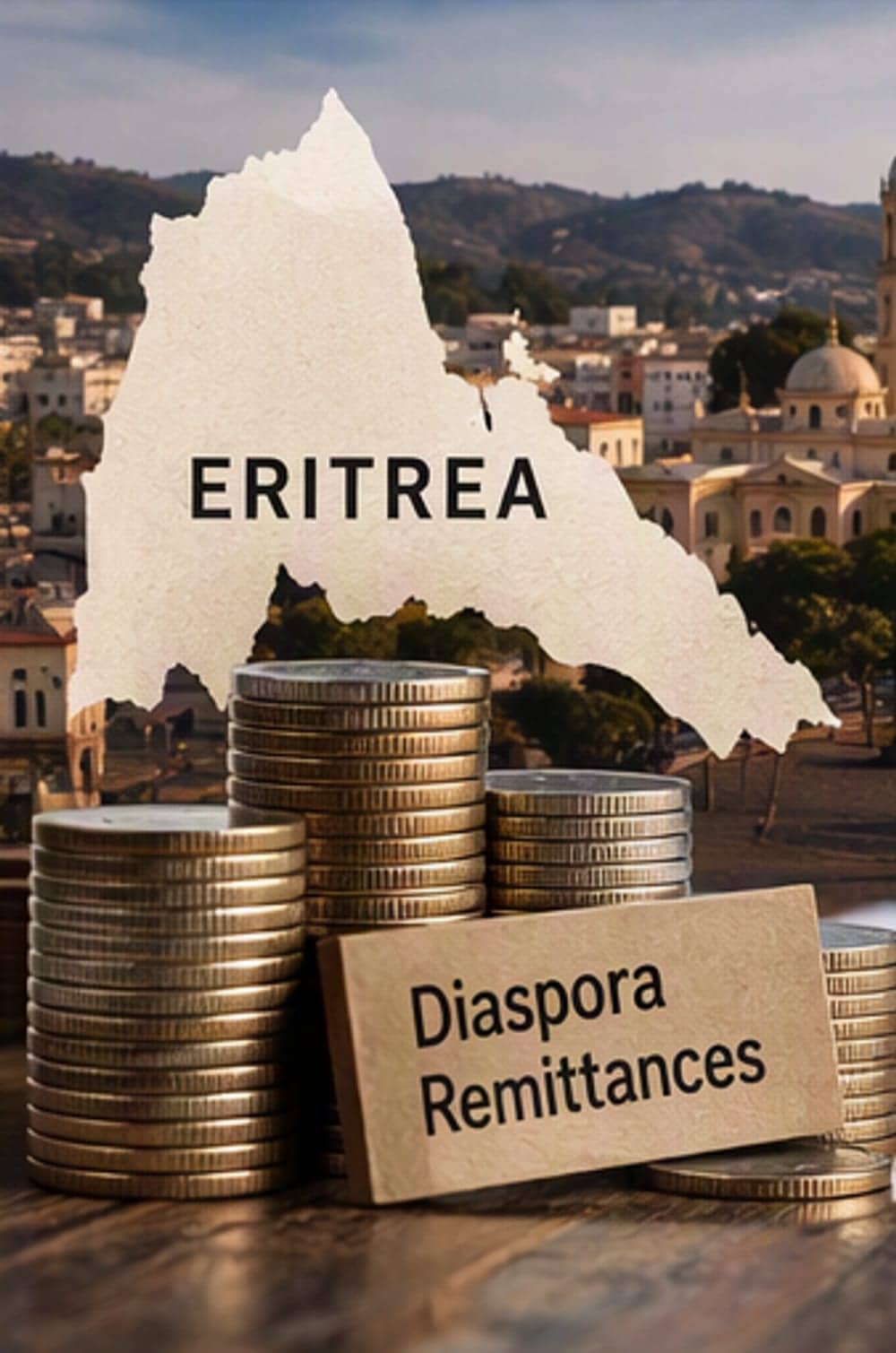 An illustration of a paper cut-out map of Eritrea over an Asmara cityscape, with stacks of coins and a sign reading "Diaspora Remittances"