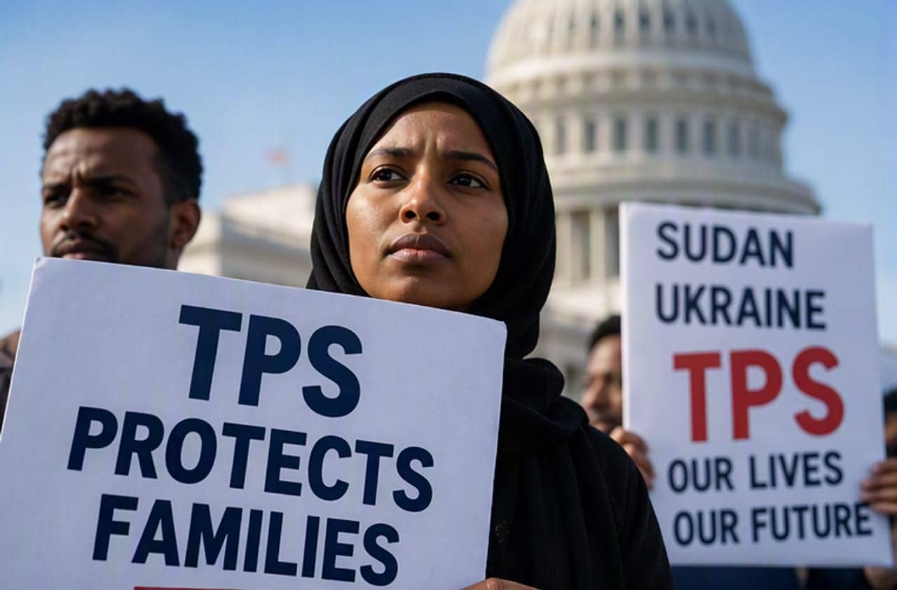 رسم توضيحي لامرأة ترتدي حجابًا أسود تحمل لافتة كُتب عليها "TPS protects families" أمام مبنى الكابيتول الأمريكي، ومحتج آخر يحمل لافتة "Sudan Ukraine TPS"