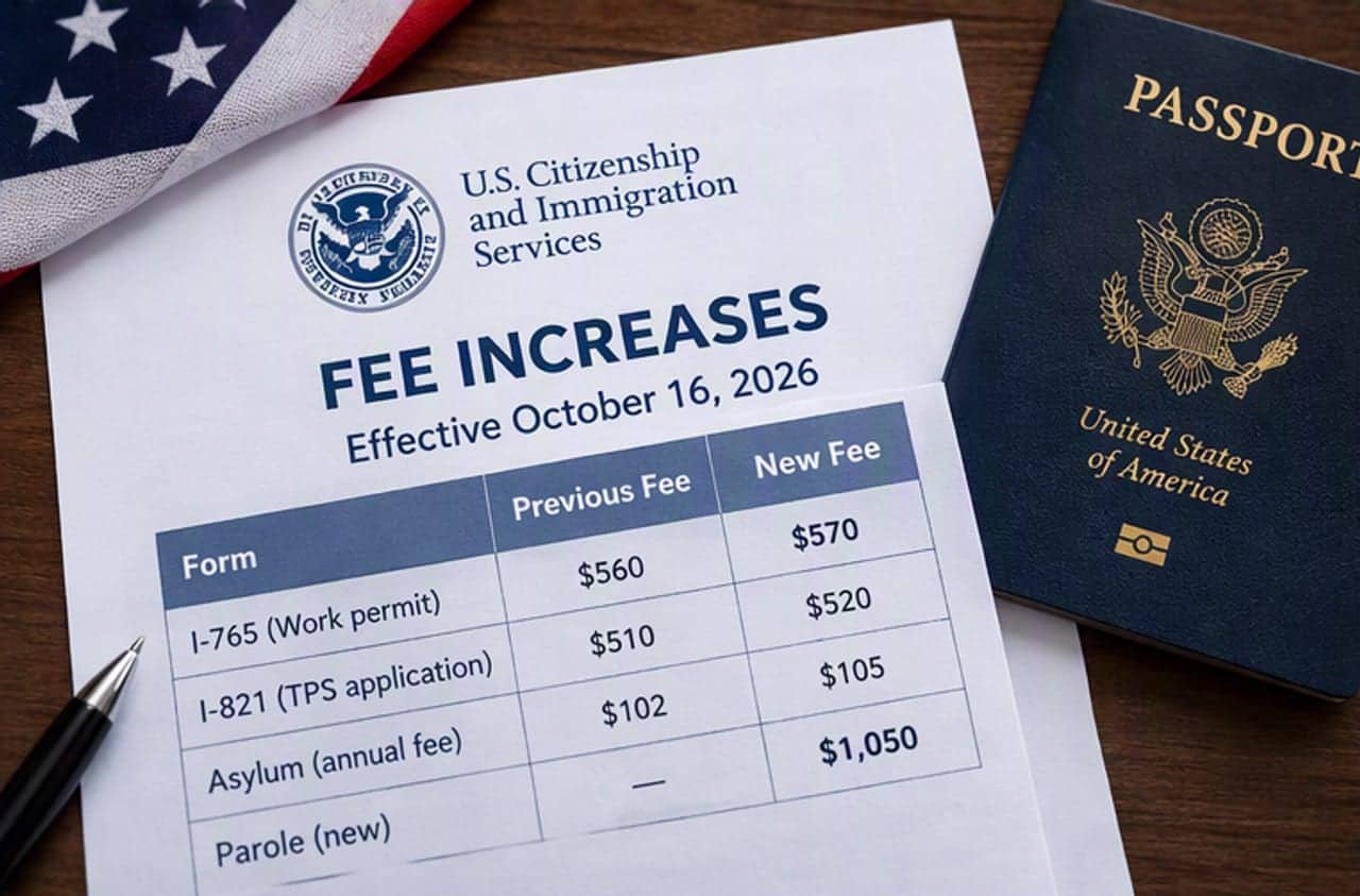 An illustration of a USCIS fee notice listing new fees, lying on a desk beside a US passport and an American flag